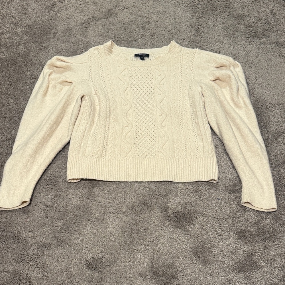 Express Ivory Cable Knit Sweater SIZE L Puff Sleeve Cozy Cottagecore Top